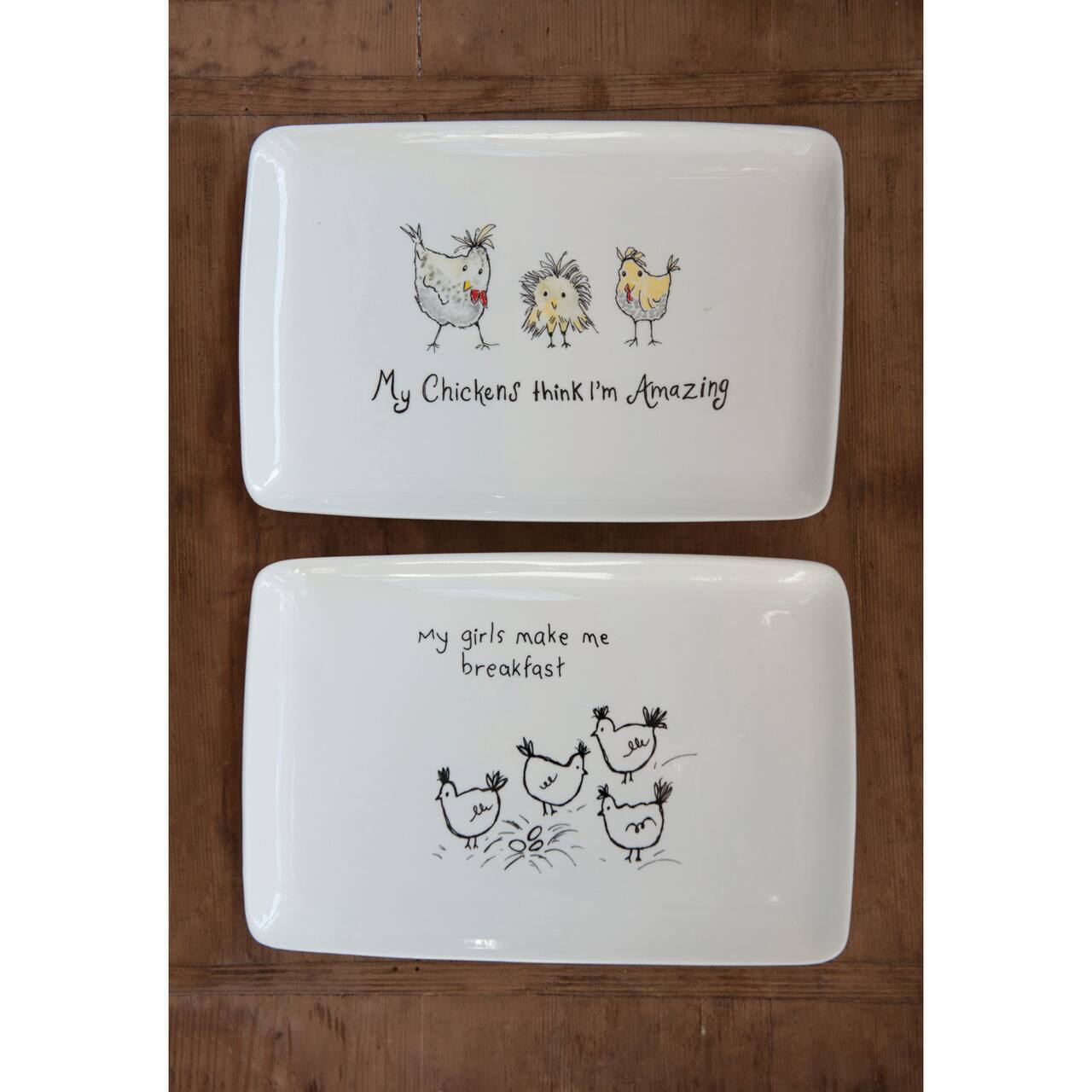 Hello Honey® 12.5" Chicken Themed Rectangle White Stoneware Platters, 2ct.